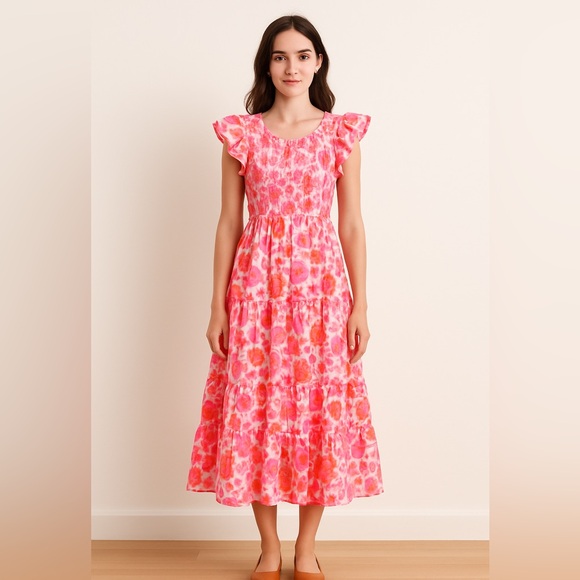 None Dresses & Skirts - Pink Flutter Sleeve Midi Dress for Weddings